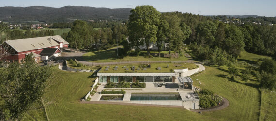 A villa with a green roof.