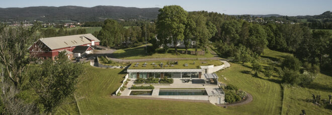 A villa with a green roof.