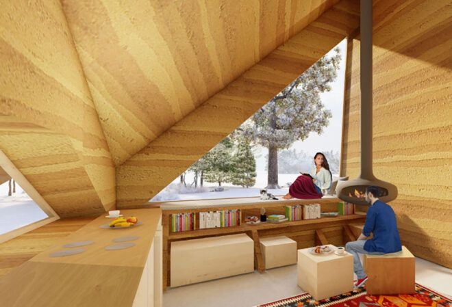 The inside of a rammed earth tiny home.