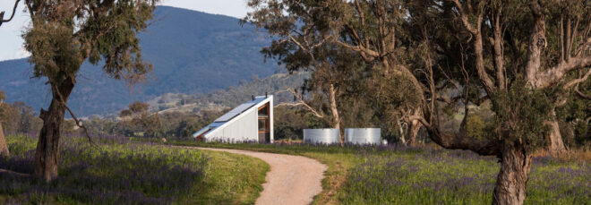 A tiny home with a sloped roof.