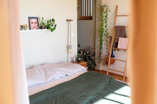 Bedroom with a bed and several plants arranged in the space