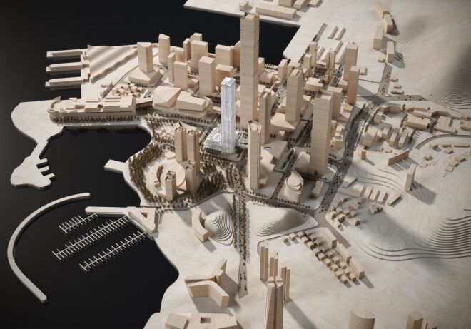 A rendering of the city skyscrapers in 3D form sitting next to a riverfront