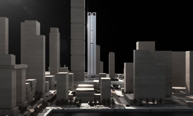 A 3D rendering of the skyscraper buildings