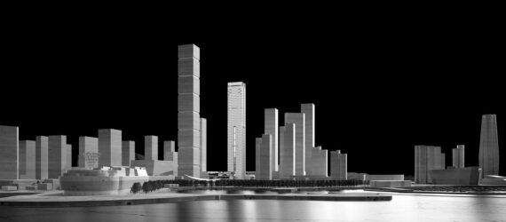 A 3D rendering of the skyline of the skyscrapers sitting against the riverfront