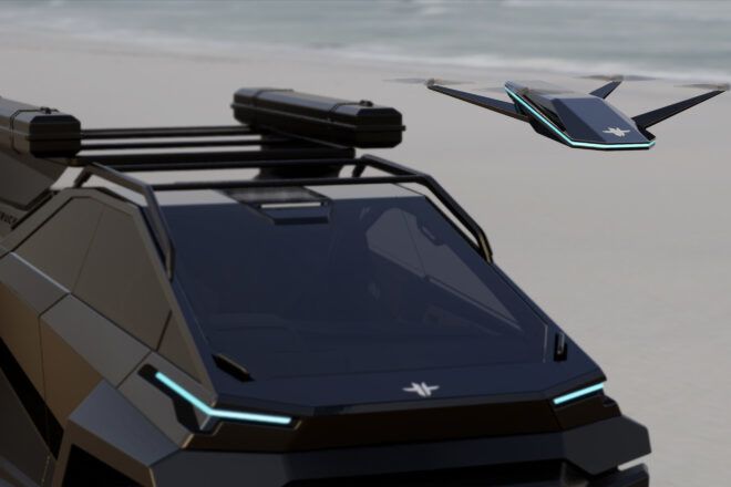 A drone flying alongside the Thundertruck.