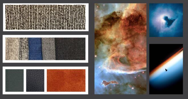 Swatches of fabric in different colors of red, black and gray and next to it are three photos of the galaxy