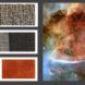 Swatches of fabric in different colors of red, black and gray and next to it are three photos of the galaxy