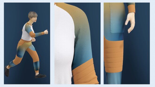 A full outfit design with another photo of the close up ombre green to blue color for the shirt and pants