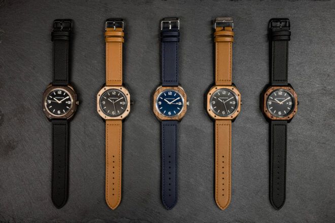 Cactus leather wristwatches laid side-by-side in black, brown and blue.