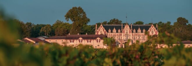 The front of a chateau amidst a field of vineyards