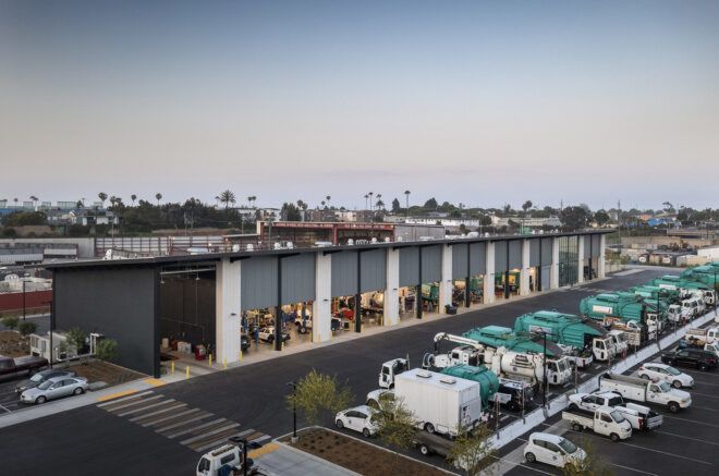 Elevated view of a truck yards area.