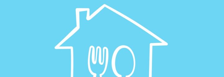 A white outline of a house with a fork and spoon inside of it on a blue background