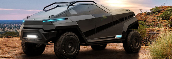 A rendering of the Thundertruck in a wilderness setting.