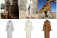 Three different trench coats, from left to right, gray, white and tan colors
