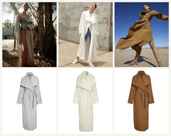 Three different trench coats, from left to right, gray, white and tan colors