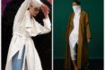 From left to right, a woman posing in a white trench coat and a woman hiding her face in a turtleneck dress with a brown trench coat