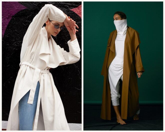 From left to right, a woman posing in a white trench coat and a woman hiding her face in a turtleneck dress with a brown trench coat
