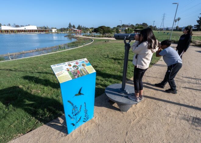 A walking path that looks into the lake with a child looking through a telescope
