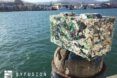 A plastic block by the ocean.