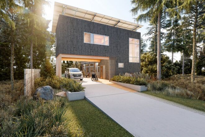 A rendering of a house in the woods.