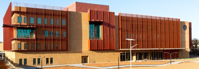 A red and beige Miller Hull building.