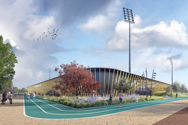 The exterior in front of the stadium.