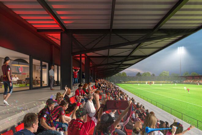 A rendering of people filling the stadium for a sports match.
