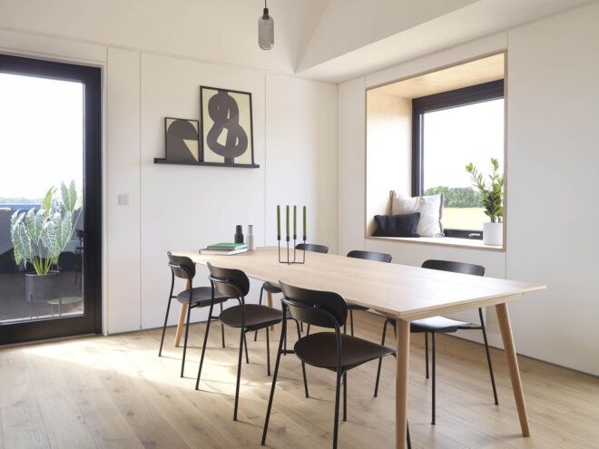 A white dining room.
