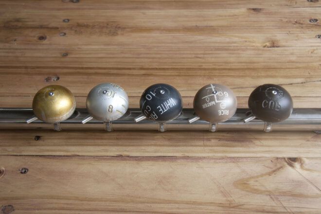 A row of round bells.