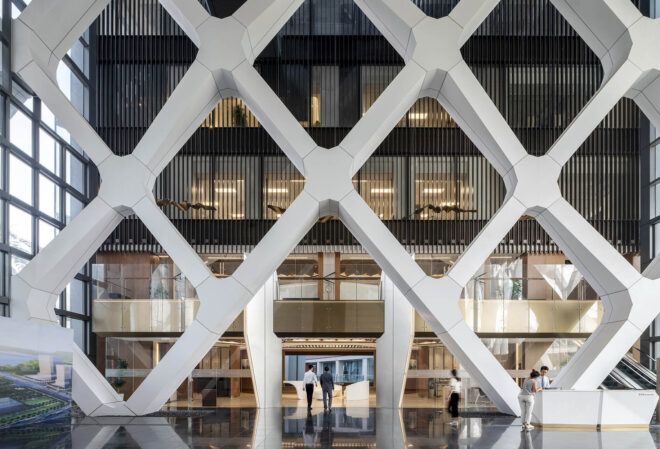The exterior of a building with a crisscross exterior.