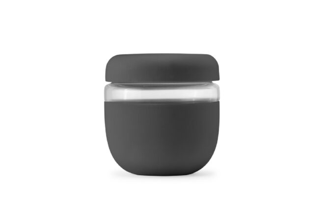 A grey bowl with a grey lid