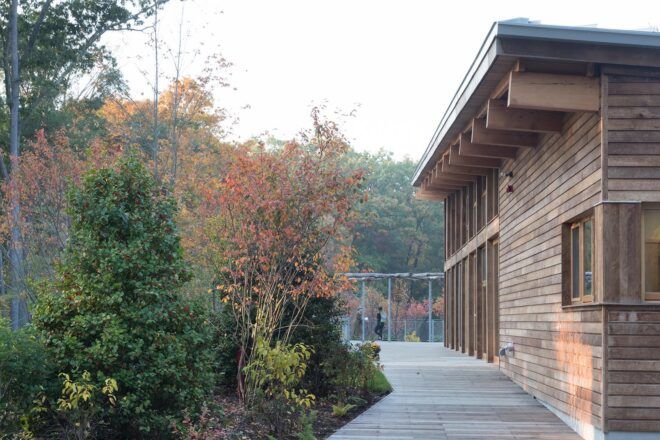 A walkway by a wooden building.