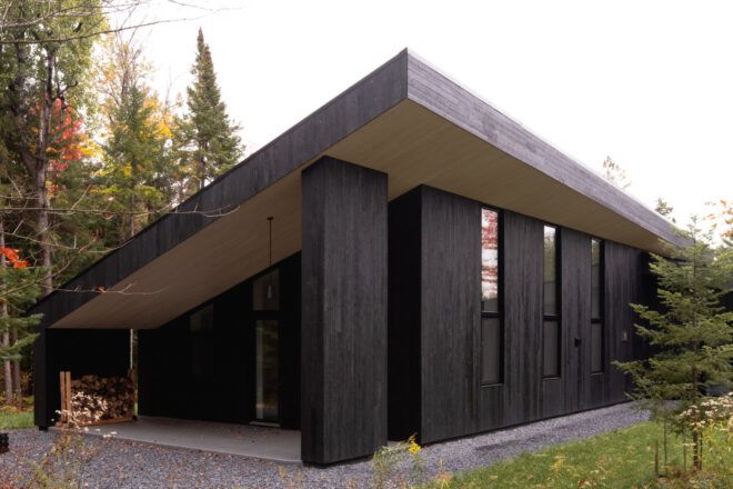 Cedar-clad house with a mono-pitched roof with a forest in the background