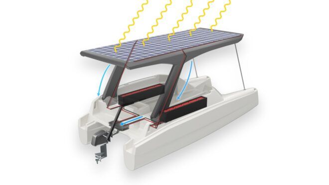 A catamaran with a solar panel overhang