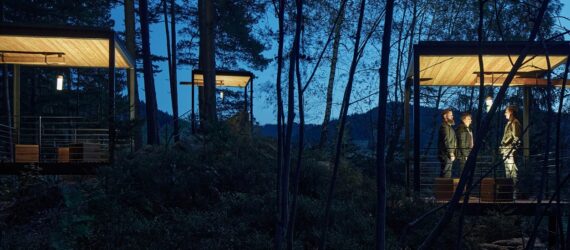 During night time, the structures light up for campers within the forest