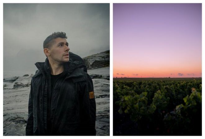Two photos: On the left is a portrait of a David Popa, a man wearing a black parka. On the right is a sunset view overlooking a vineyard