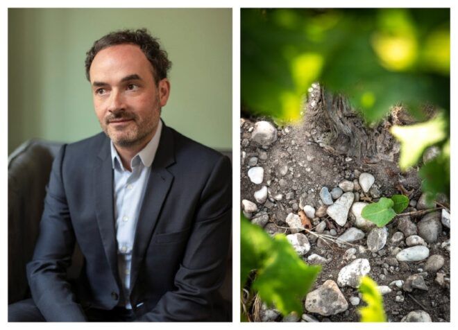 On the left is the current owner of Cantenac Brown Tristan Le Lous, a man wearing a grey suit and light blue undershirt. On the right is a picture of dirt and rocks