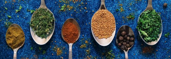 Several spoons full of spices.