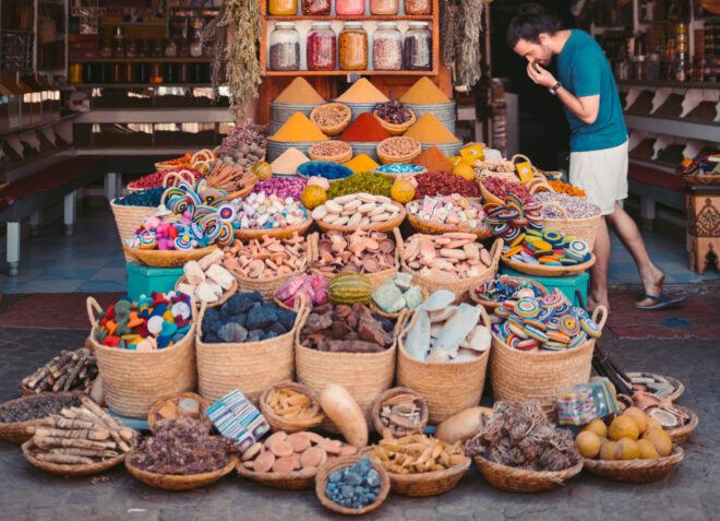 A market display of spices.