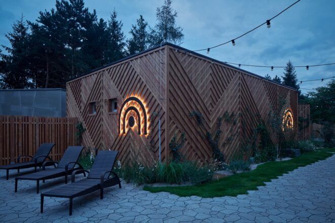 A square wooden building