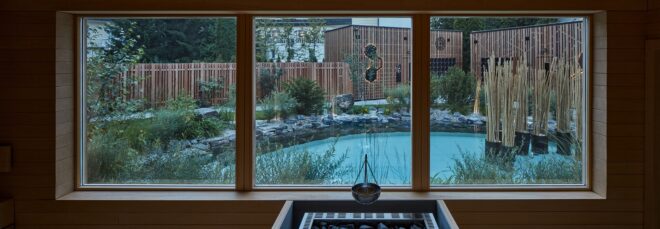 A window that overlooks a pool
