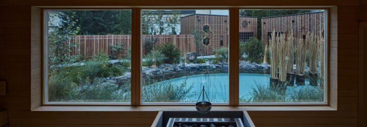 A window that overlooks a pool