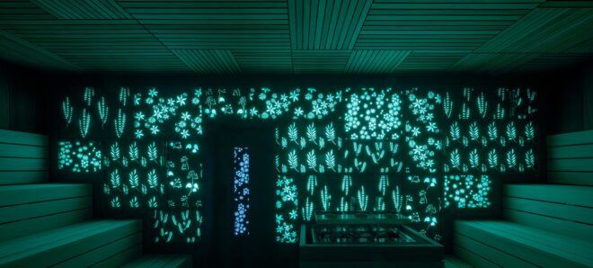 Inside a sauna room there are stairs on either side of the photo and a wall that is covered in glowing design