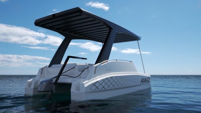 A catamaran with a solar panel overhang