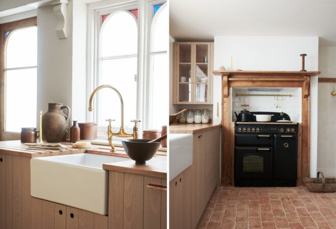 Left, a kitchen sink. Right, a stove.