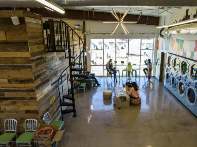 View to the waiting area where families are relaxing as they wait for their laundry
