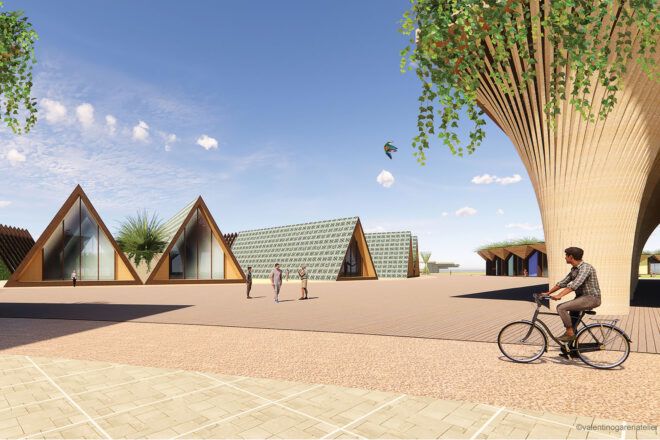A series of triangular buildings.