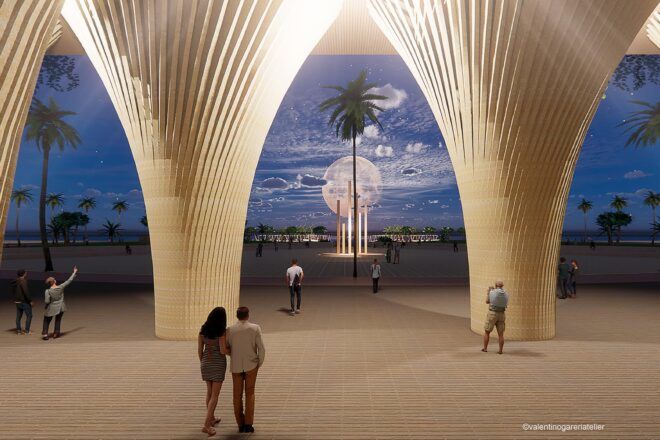 People watching the moon under a covered pavilion.