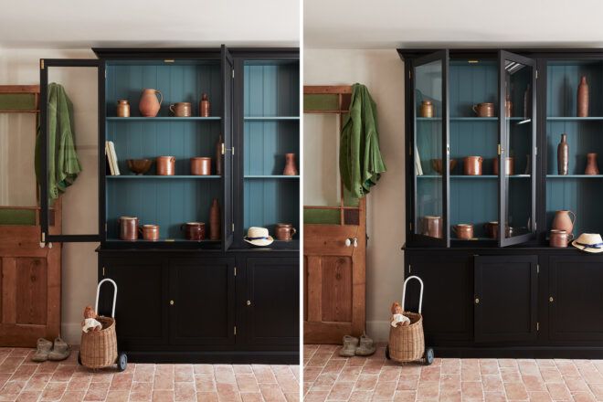 Two images of a black and blue cabinet. Left, open. Right, partially closed.
