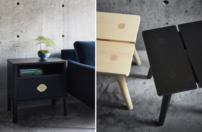 Left, a black side table. Right, an aerial view of a natural wood and black painted table.